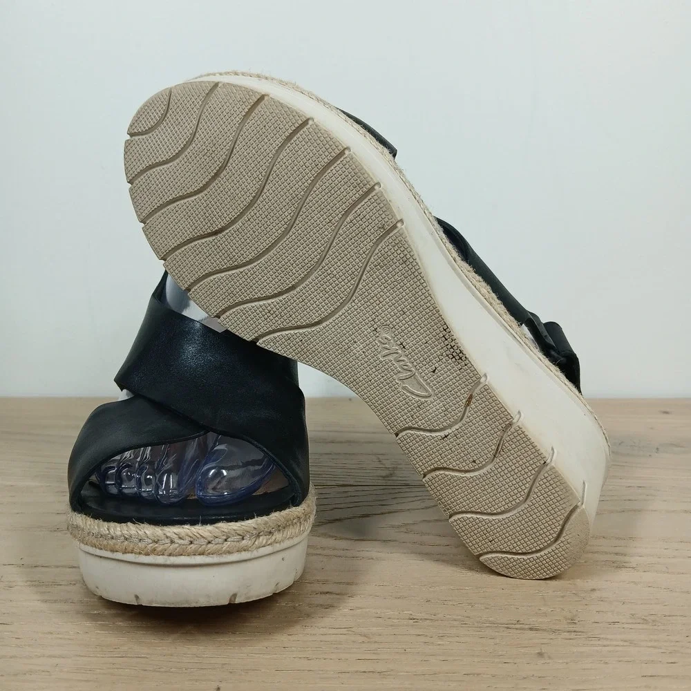 Clarks Sandals Womens 8 Black Leather Espadrille Wedge Boho Comfort Resort Chic
